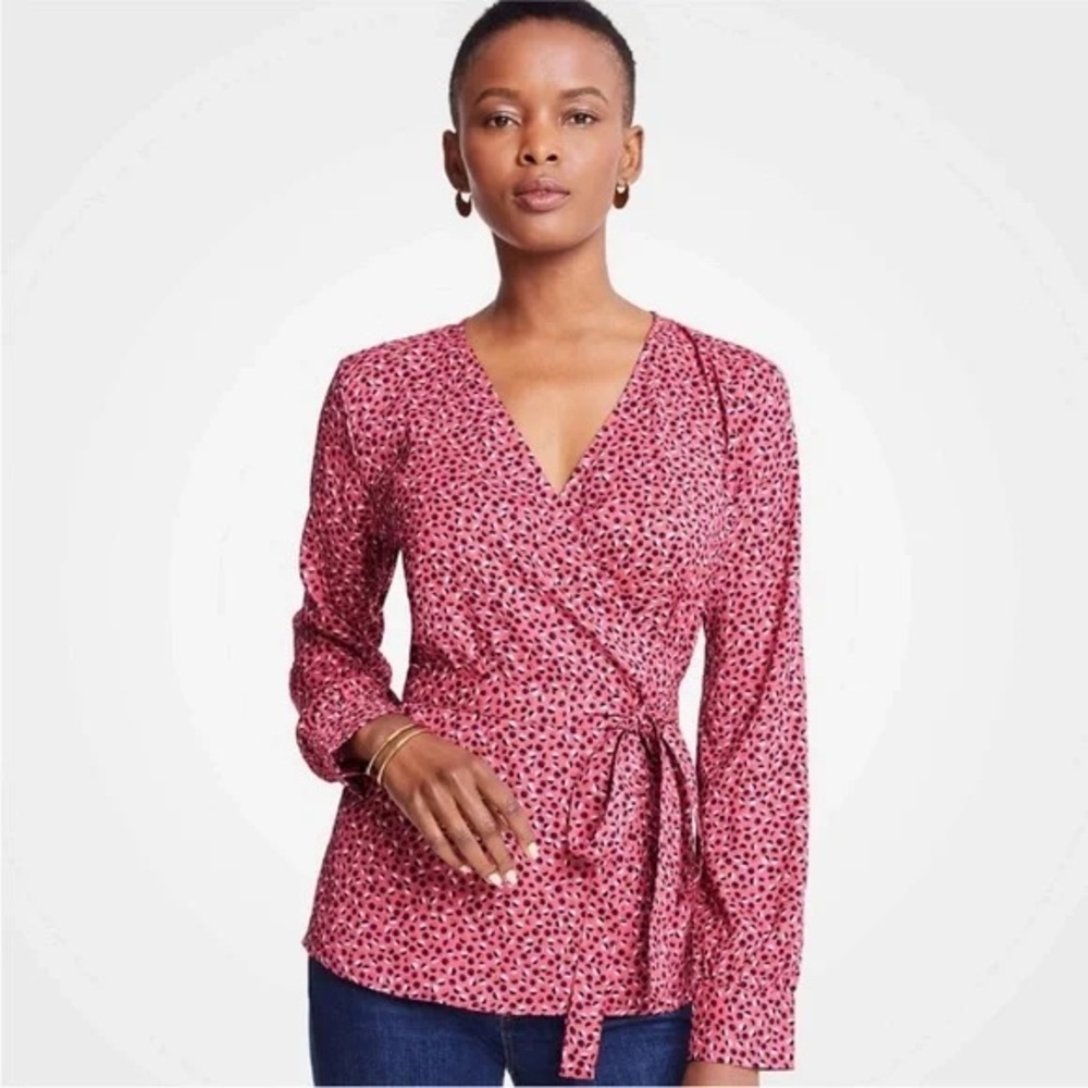 Ann Taylor Belted Wrap Geo Dot Blouse